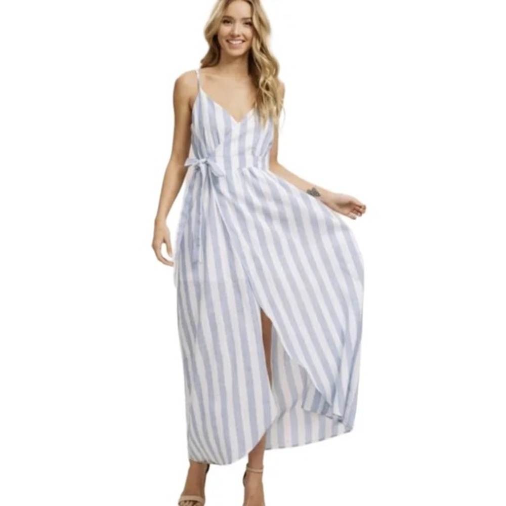Listicle NEW Stipe Down Blue and white Wrap Maxi Dress Linen Style Size Small